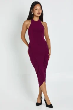 Petite robe midaxi à panneaux froncés et encolure halterneck