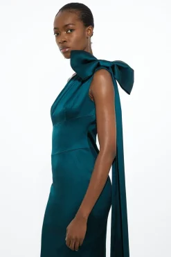 KarenMillen Petite Robe Midi Ajustée en Satin Italien à Une Épaule et Détail de Nœud<Femme Robes Mi-Longues|Satin Et Dentelle
