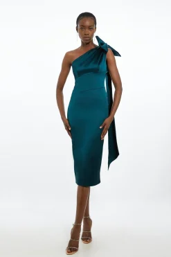 KarenMillen Petite Robe Midi Ajustée en Satin Italien à Une Épaule et Détail de Nœud<Femme Robes Mi-Longues|Satin Et Dentelle