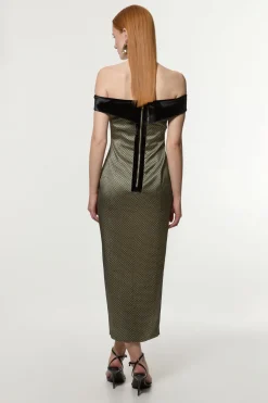 KarenMillen Petite Robe Midi Bardot Ajustée en Velours Mixte Jacquard<Femme Tailleurs|Toutes Les Robes