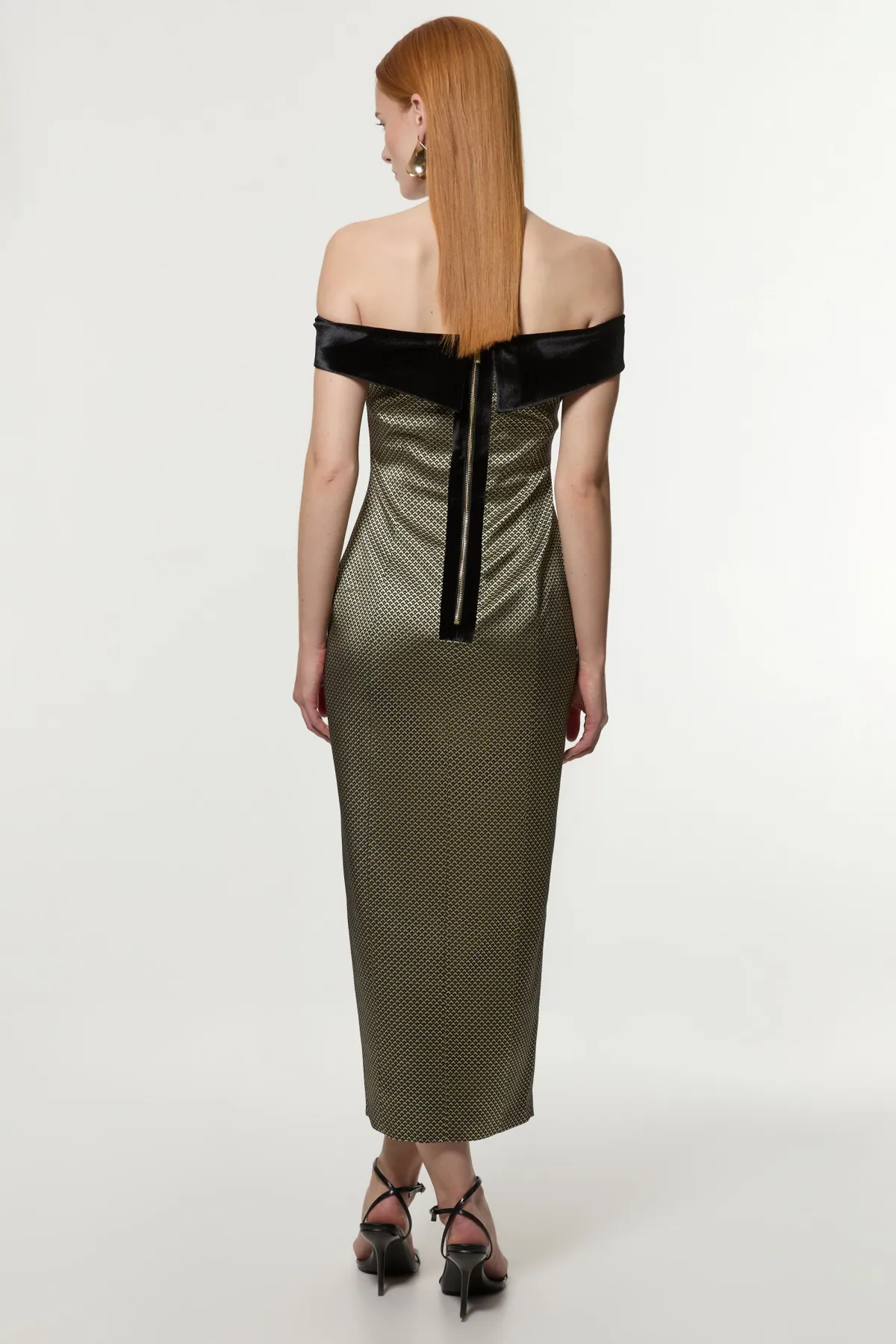 KarenMillen Petite Robe Midi Bardot Ajustée en Velours Mixte Jacquard<Femme Tailleurs|Toutes Les Robes