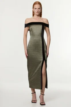 KarenMillen Petite Robe Midi Bardot Ajustée en Velours Mixte Jacquard<Femme Tailleurs|Toutes Les Robes