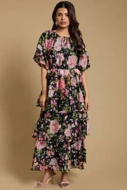 Petite Robe Midi À Corsage Froncé Manches Bouffantes Et Jupe À Volants