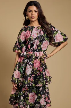 Petite Robe Midi À Corsage Froncé Manches Bouffantes Et Jupe À Volants