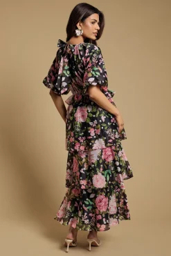 Petite Robe Midi À Corsage Froncé Manches Bouffantes Et Jupe À Volants