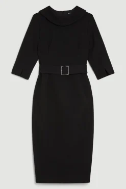Petite Robe Midi Crêpe Structurée sur Mesure à Col Roulé et Coupe Évasée