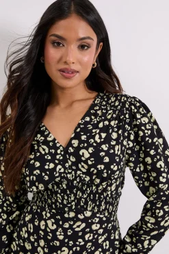 Petite Robe Midi Jaune à Imprimé Animal avec Taille Froncée et Détails Boutonnés