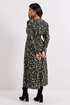 Petite Robe Midi Jaune à Imprimé Animal avec Taille Froncée et Détails Boutonnés