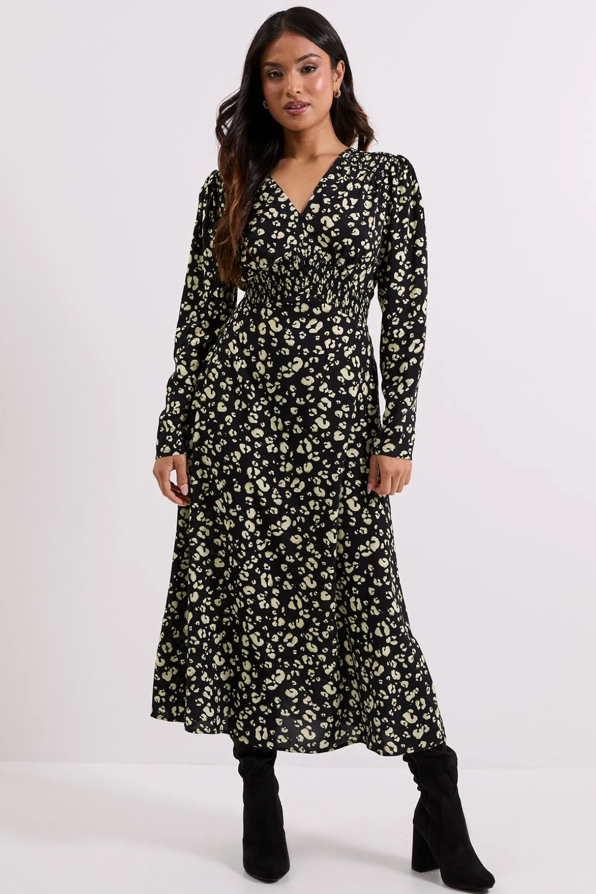 Petite Robe Midi Jaune à Imprimé Animal avec Taille Froncée et Détails Boutonnés