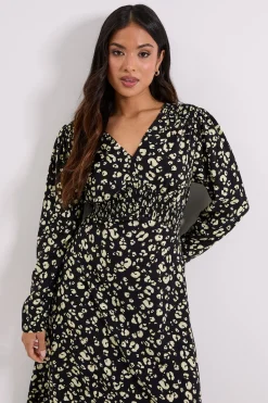 Petite Robe Midi Jaune à Imprimé Animal avec Taille Froncée et Détails Boutonnés