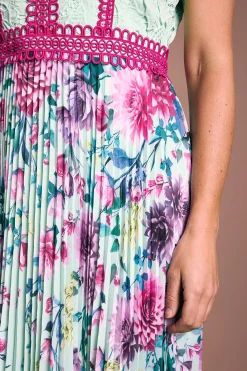 Coast Petite Robe Midi Plissée Lisa Tan À Imprimé Floral Avec Bordure En Dentelle<Femme Toutes Les Robes|Robes Mi-Longues