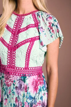 Coast Petite Robe Midi Plissée Lisa Tan À Imprimé Floral Avec Bordure En Dentelle<Femme Toutes Les Robes|Robes Mi-Longues