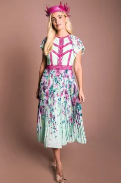 Coast Petite Robe Midi Plissée Lisa Tan À Imprimé Floral Avec Bordure En Dentelle<Femme Toutes Les Robes|Robes Mi-Longues