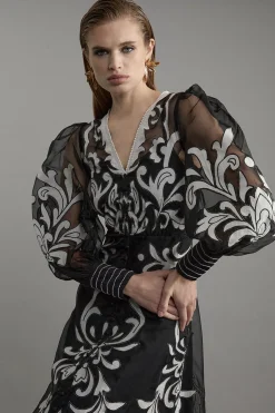 KarenMillen Petite Robe Midi Tissée Boutonnée en Organdie à Appliqué<Femme Robes Mi-Longues|Robes À Manches Longues