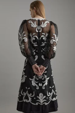 KarenMillen Petite Robe Midi Tissée Boutonnée en Organdie à Appliqué<Femme Robes Mi-Longues|Robes À Manches Longues