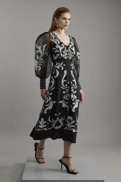 KarenMillen Petite Robe Midi Tissée Boutonnée en Organdie à Appliqué<Femme Robes Mi-Longues|Robes À Manches Longues