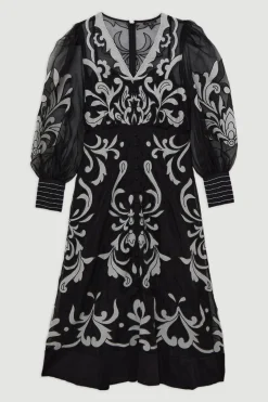 KarenMillen Petite Robe Midi Tissée Boutonnée en Organdie à Appliqué<Femme Robes Mi-Longues|Robes À Manches Longues