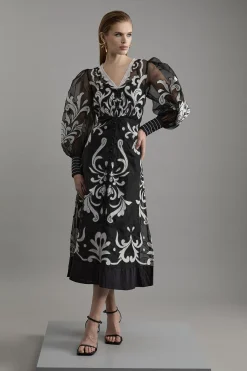 KarenMillen Petite Robe Midi Tissée Boutonnée en Organdie à Appliqué<Femme Robes Mi-Longues|Robes À Manches Longues