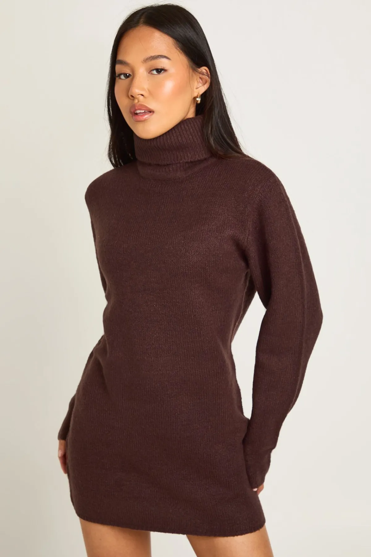 boohoo Petite robe mini en maille épaisse à col roulé<Femme Looks Chocolat|Pulls Et Gilets