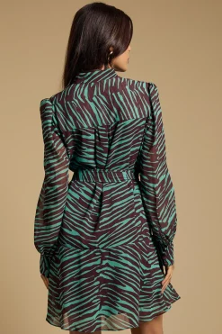 Petite Robe Mini En Mousseline Imprimée Boutonnée Avec Ceinture À La Taille