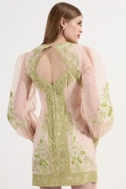 KarenMillen Petite robe mini en organdie brodée et tissée style ballon<Femme Robes À Manches Longues|Robes