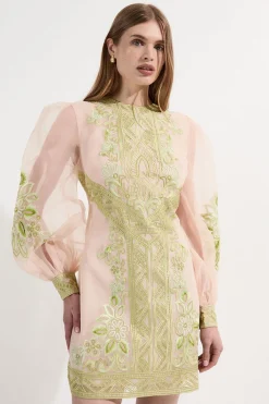 KarenMillen Petite robe mini en organdie brodée et tissée style ballon<Femme Robes À Manches Longues|Robes