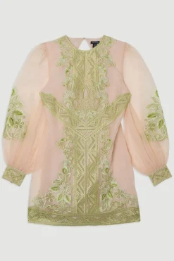 KarenMillen Petite robe mini en organdie brodée et tissée style ballon<Femme Robes À Manches Longues|Robes