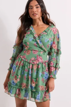 Petite Robe Mini Imprimée Verte à Motifs Floraux avec Volants et Devant Croisé