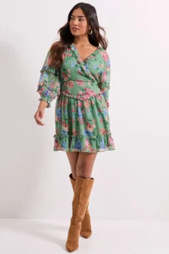 Petite Robe Mini Imprimée Verte à Motifs Floraux avec Volants et Devant Croisé