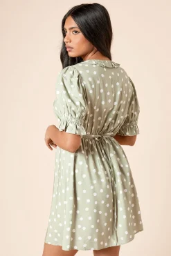 Dorothy Perkins Petite Robe Mini à Pois Verts avec Col à Volants et Dos Noué<Femme Robes|Toutes Les Robes