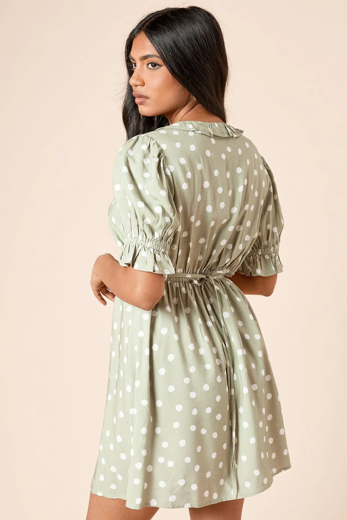 Dorothy Perkins Petite Robe Mini à Pois Verts avec Col à Volants et Dos Noué<Femme Robes|Toutes Les Robes