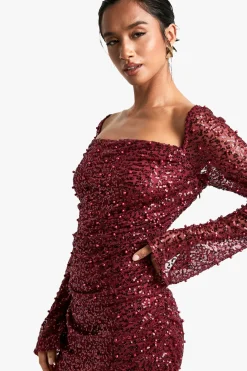 Petite Robe Mini à Sequins avec Col Carré et Perles