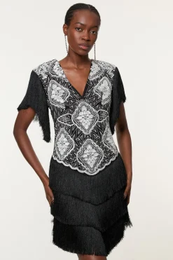 KarenMillen Petite robe mini tissée à franges ornementées et bretelles<Femme Robes|Toutes Les Robes