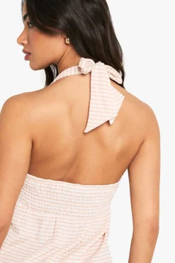 boohoo Petite robe mini évasée en vichy texturé à encolure halter<Femme Robes Patineuses|Robes