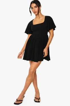 Petite robe patineuse en mélange de lin, corset, manches d'ange
