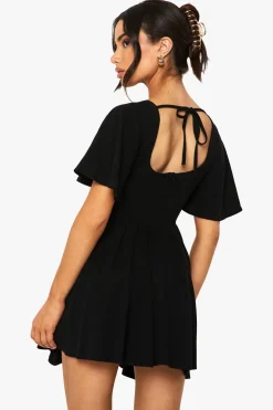 Petite robe patineuse en mélange de lin, corset, manches d'ange