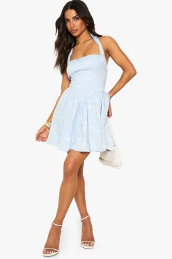 Petite Robe Skater en Jacquard à Encolure Carrée Halter