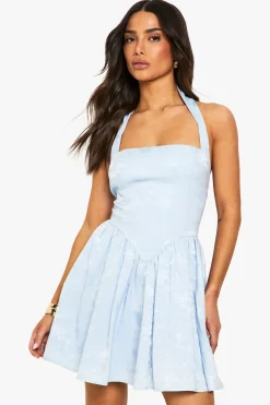 Petite Robe Skater en Jacquard à Encolure Carrée Halter