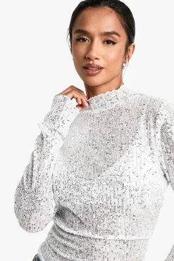 boohoo Petite Sequin Top à Col Haut et Manches Longues<Femme Tops