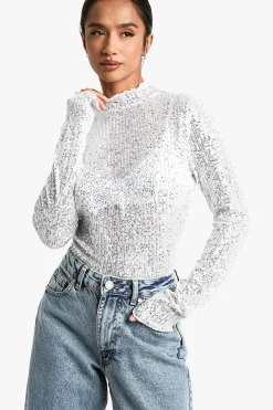 boohoo Petite Sequin Top à Col Haut et Manches Longues<Femme Tops