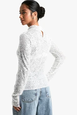 boohoo Petite Sequin Top à Col Haut et Manches Longues<Femme Tops