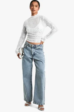 boohoo Petite Sequin Top à Col Haut et Manches Longues<Femme Tops