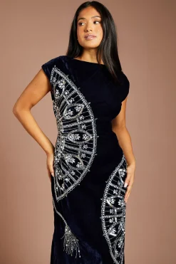 Petite Sleeveless V Back Velvet Embellished Midi Dress