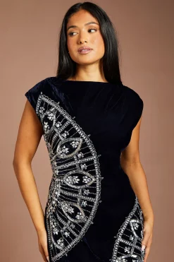 Petite Sleeveless V Back Velvet Embellished Midi Dress