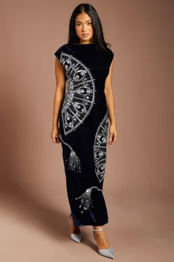 Petite Sleeveless V Back Velvet Embellished Midi Dress