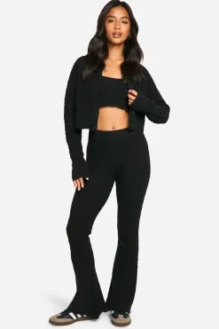 Petite Soft Cable Tricoté Cardigan, Crop Top et Pantalon à Jambes Évasées 3 Pièces
