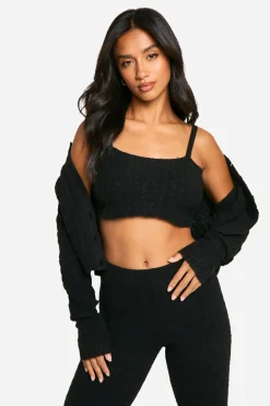 Petite Soft Cable Tricoté Cardigan, Crop Top et Pantalon à Jambes Évasées 3 Pièces