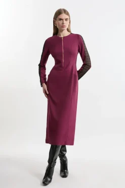 Petite Tailored Twill Lace Mix Zip Front Midi Dress