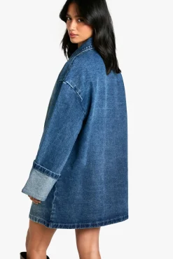 Petite Utility Turn Cuff Denim Oversized Shirt Dress