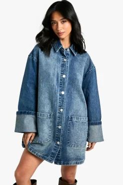 Petite Utility Turn Cuff Denim Oversized Shirt Dress
